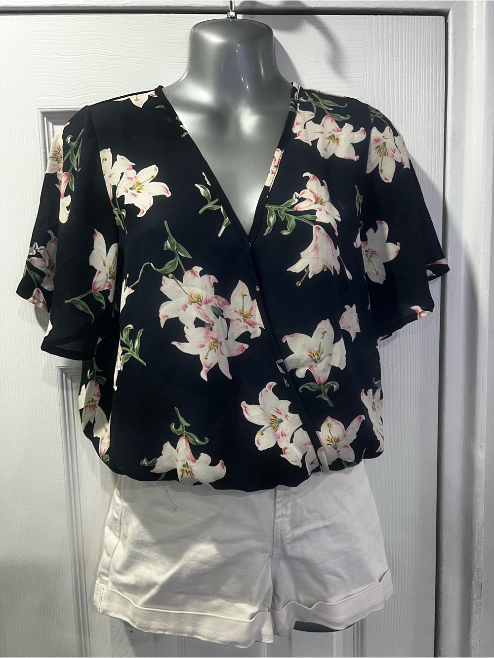 Floral Flutter Sleeve Wrap Top - Navy blue with Pink & White Bloom